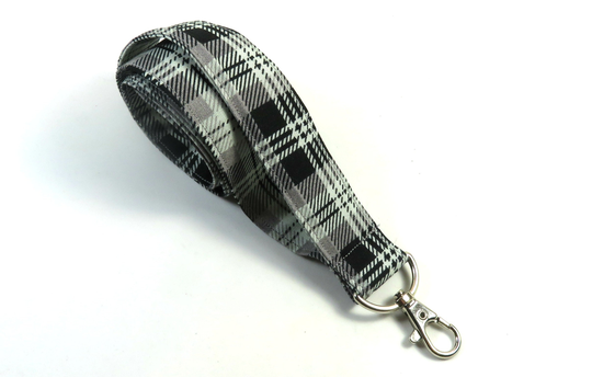 Plaid Fabric Lanyard, Gray Plaid Badge Holder, Black Checkers Lanyard