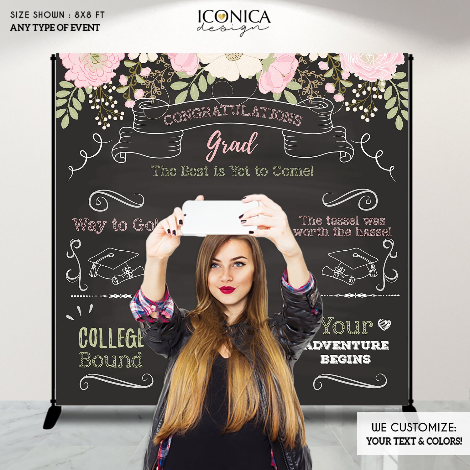 Graduation Party Photo Booth Backdrop, Graduation Decorations, Congrats Grad Decor, Floral Step & Repeat Backdrop, Bgr0017