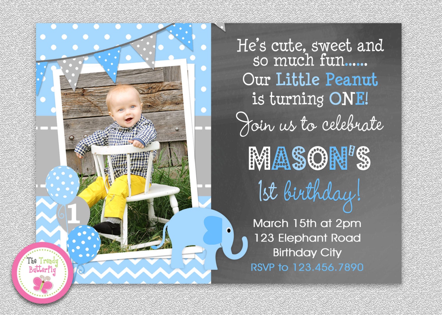 Boys Elephant Birthday Invitation , Party Printable Or Girls
