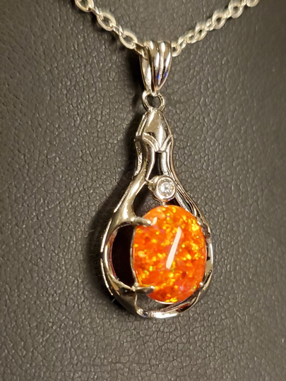 Orange Fire Opal Necklace, See Video Pretty 8x10mm Lab Created Opal, 925 Sterling Silver Necklace W/3mm Cz Accent Stone, 18" Chain