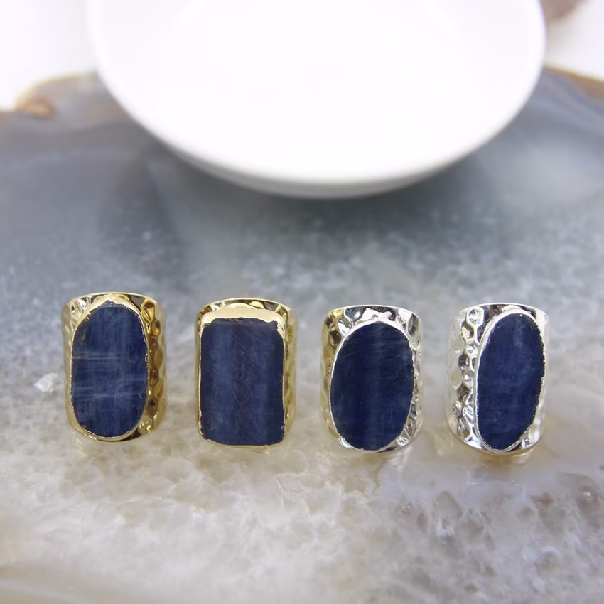 Natural Kyanite Freedom Shape Gold/Silver Plated Rings, Blue Gemstone Adjustable Copper Rings, Quartz Ststement Rings Charms Jewelry