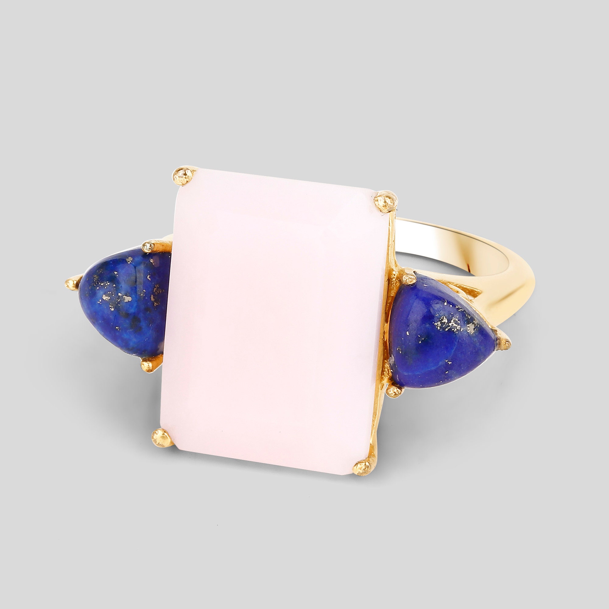 Pink Opal Ring, Natural & Lapis 3-Stone Cocktail .925 Sterling Silver Yellow Gold Plated, Gemstone Gift For Wife