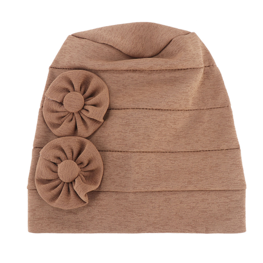Women Beanie Solid Color Flowers Soft Elastic Linen Blend Head Wrap Hat for Daily Life - khaki - beige