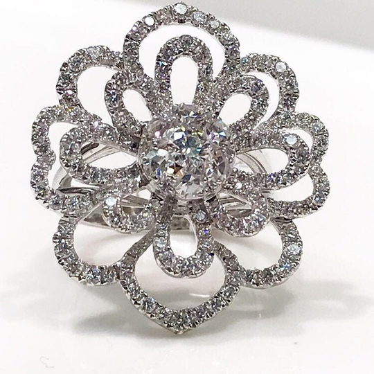 Flower Statement Ring in Diamonds & White Gold, Diamond Ring, Cocktail 18K Gold