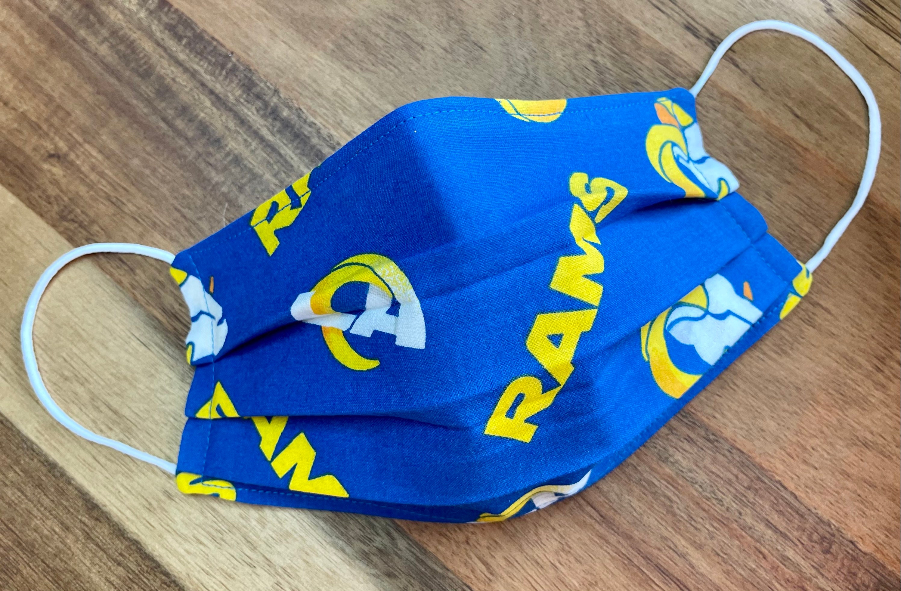 La Rams Nfl Football Pleated Face Mask | Washable, Reusable, Reversible Adjustable Nose & Ear Loops Filter Pocket Adult + Kid Sizes