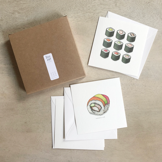 Sushi.maki Cards Box Set/Notecards Flat Watercolor Illustration Gifts Gift Boxes Culinary Seafood Japanese Cuisine