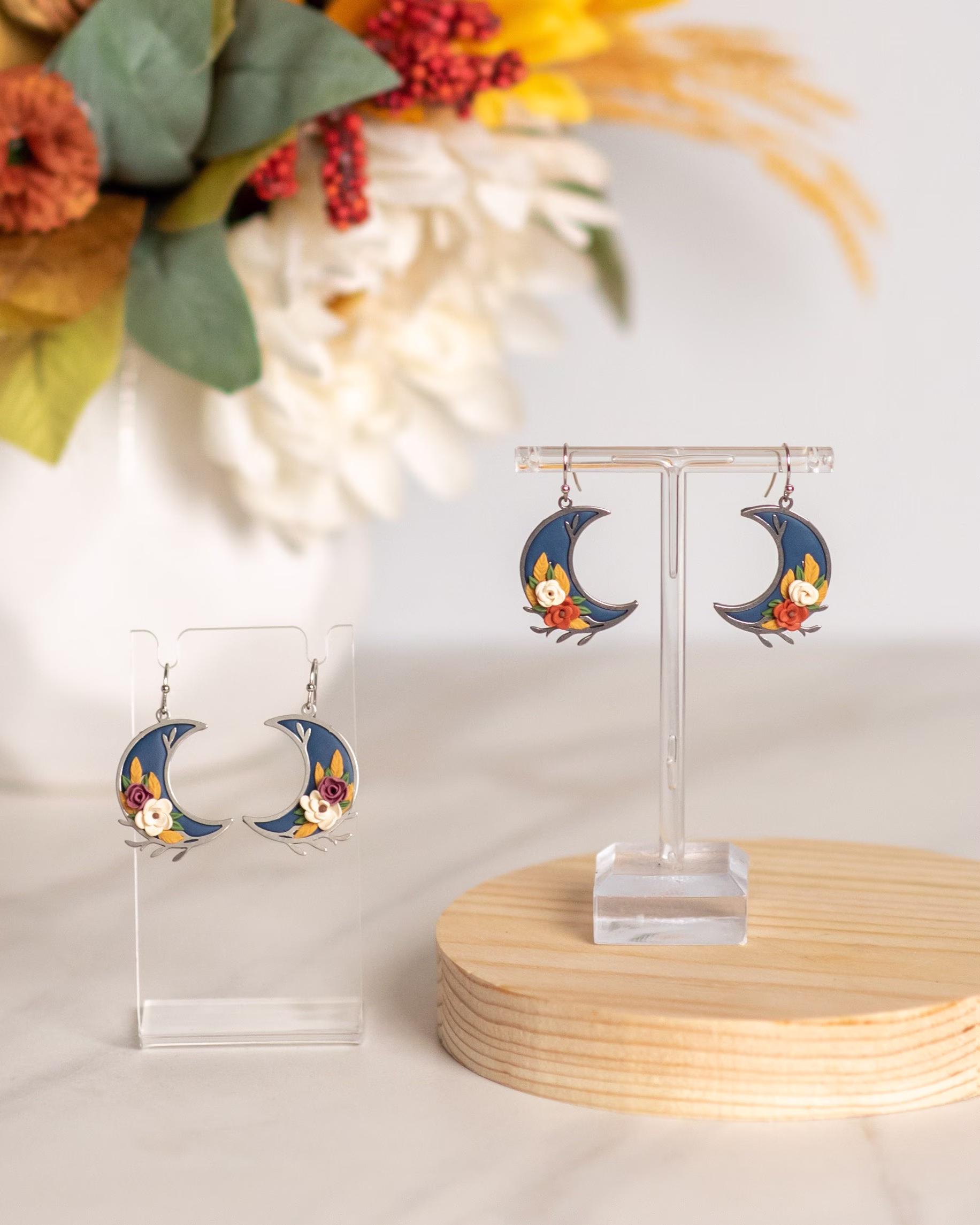 Navy Fall Moons, Stainless Steel Handmade Polymer Clay, Lightweight, Autumn