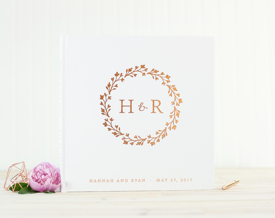 Wedding Guest Book With Rose Gold Foil Guestbook 12x12 Wedding Photo Book Monogram Wreath Personalized Instant Gift Hardcover