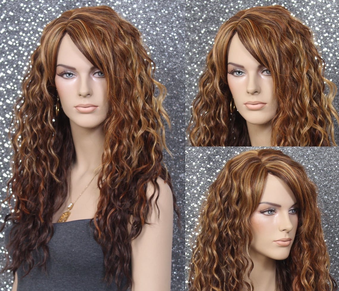 Brown Bonde Caramel Mix Human Hair Blend Wig With Water Waves Full Bangs Off Center Parting Perfect Wig Cancer Alopecia Theater Cosplay Emo