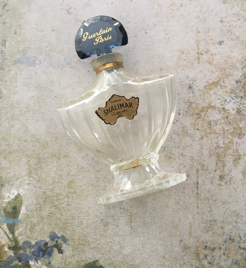 Vintage Guerlain Paris Shalimar Parfum Bottle, Blue Glass Stopper, Smaller Empty Flacon 1/4 Fl Oz Size, Original Gold Label & Neck Band