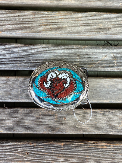 Ram Belt Buckle, Turquoise Inlay Corral Free USA Shipping