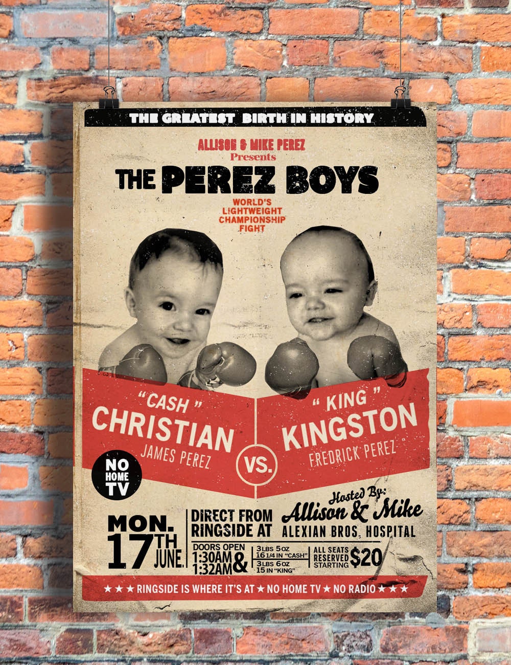 Twins, Twin Birth Announcement, Birthday Invitation, Boy Retro, Boxing, Baby