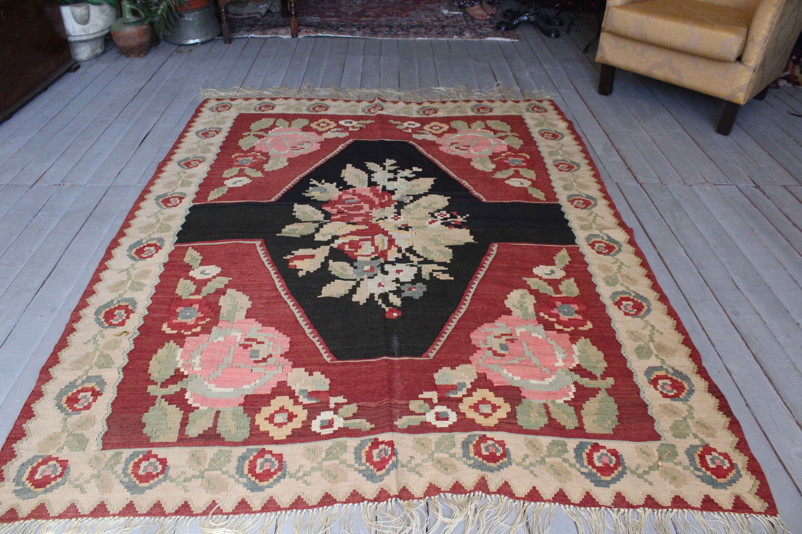 5'2x 6'7 Vintage Karabagh Kilim, Floral Mdesign Ethnic Bohemian Kilim Rug, Rose Design Rug"