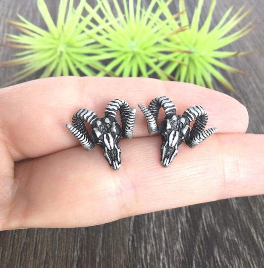 Ram's Skull Earrings, Studs, Gothic Gothic Animal Jewelry, Ram Mens Earrings