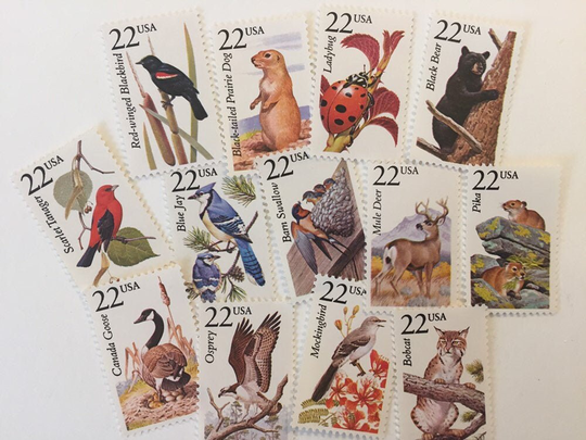10 North American Wildlife 22C Us Postage Stamps Unused - Vintage 1987 Nature Animal Rustic Ram Bear Antelope
