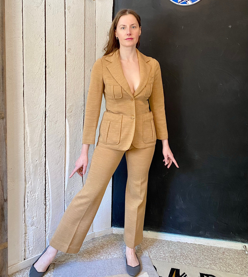 Vintage 60S Camel Beige Wool Blend Mid Century Mod Pants Suit By Act Iii Size S