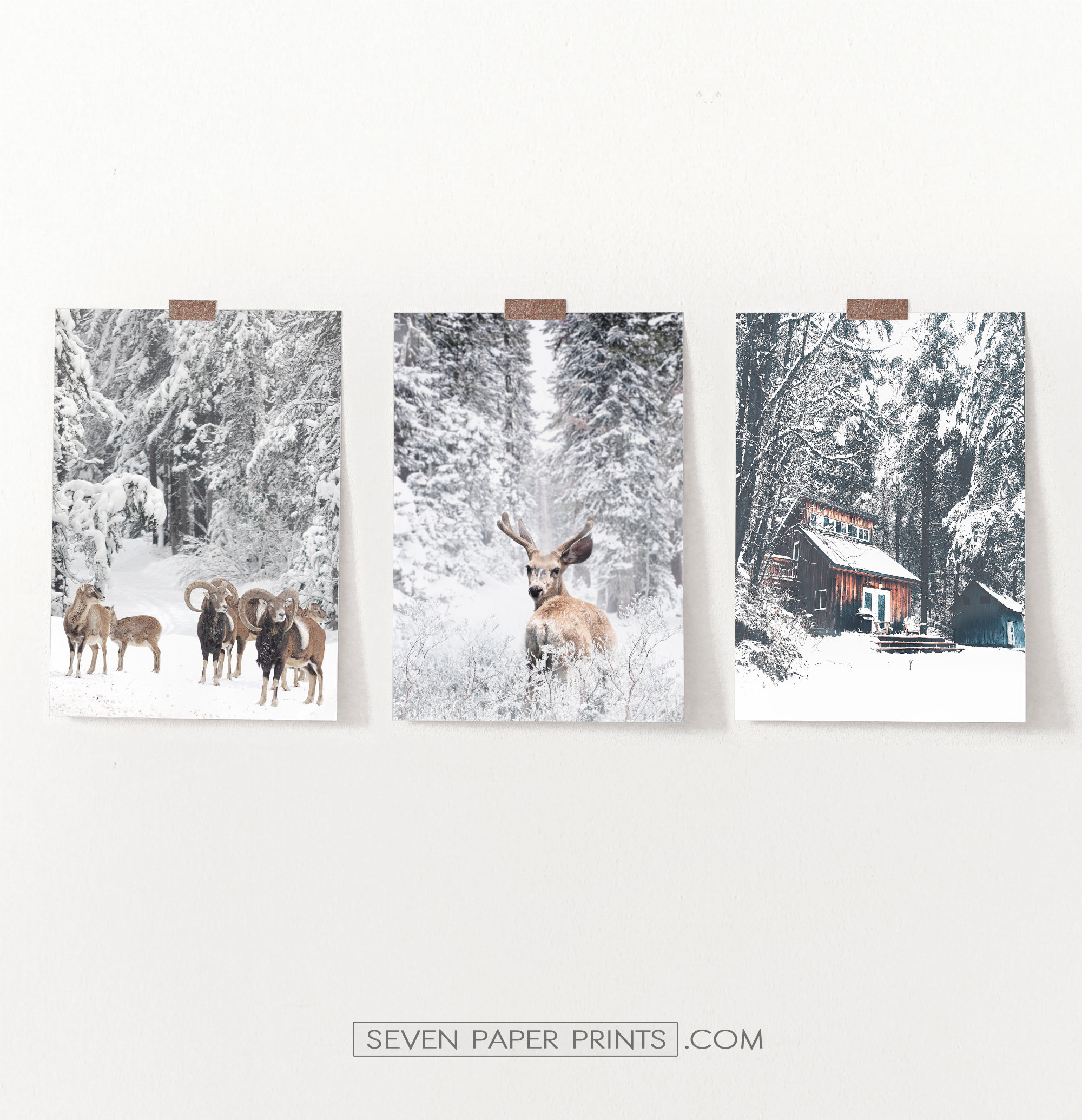 Giclee Set Of 3 Large Winter Prints, Christmas Wall Art Dcor, Holidays Docer For Walls, Prints With Deer, Rams, Cabin
