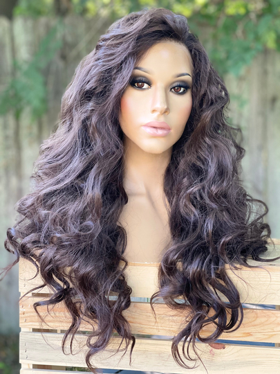 Human Hair Blend Wig Brown Color 2 Wavy Long Layered Swiss Lace Front 13x3" Free Parting