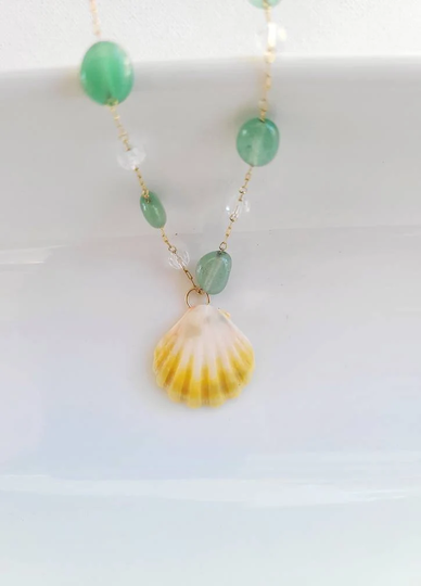 Sunrise Shell Pearl Necklace. Seashell Sea Shell Hawaiian Gift. Gemstone Jade
