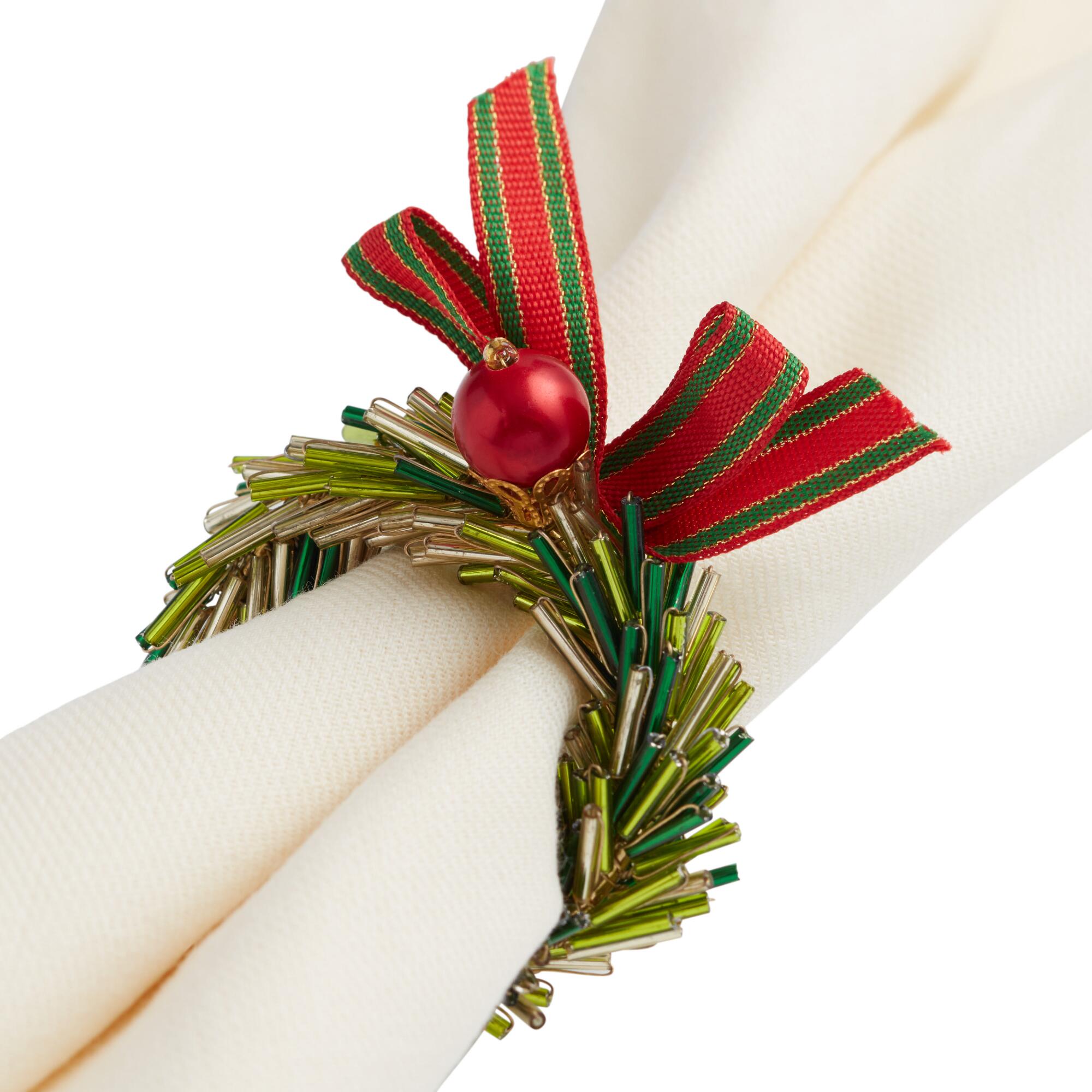 Pier Place Beaded Wreath Napkin Rings Set of 4: Green/Red - Glass by World Market
