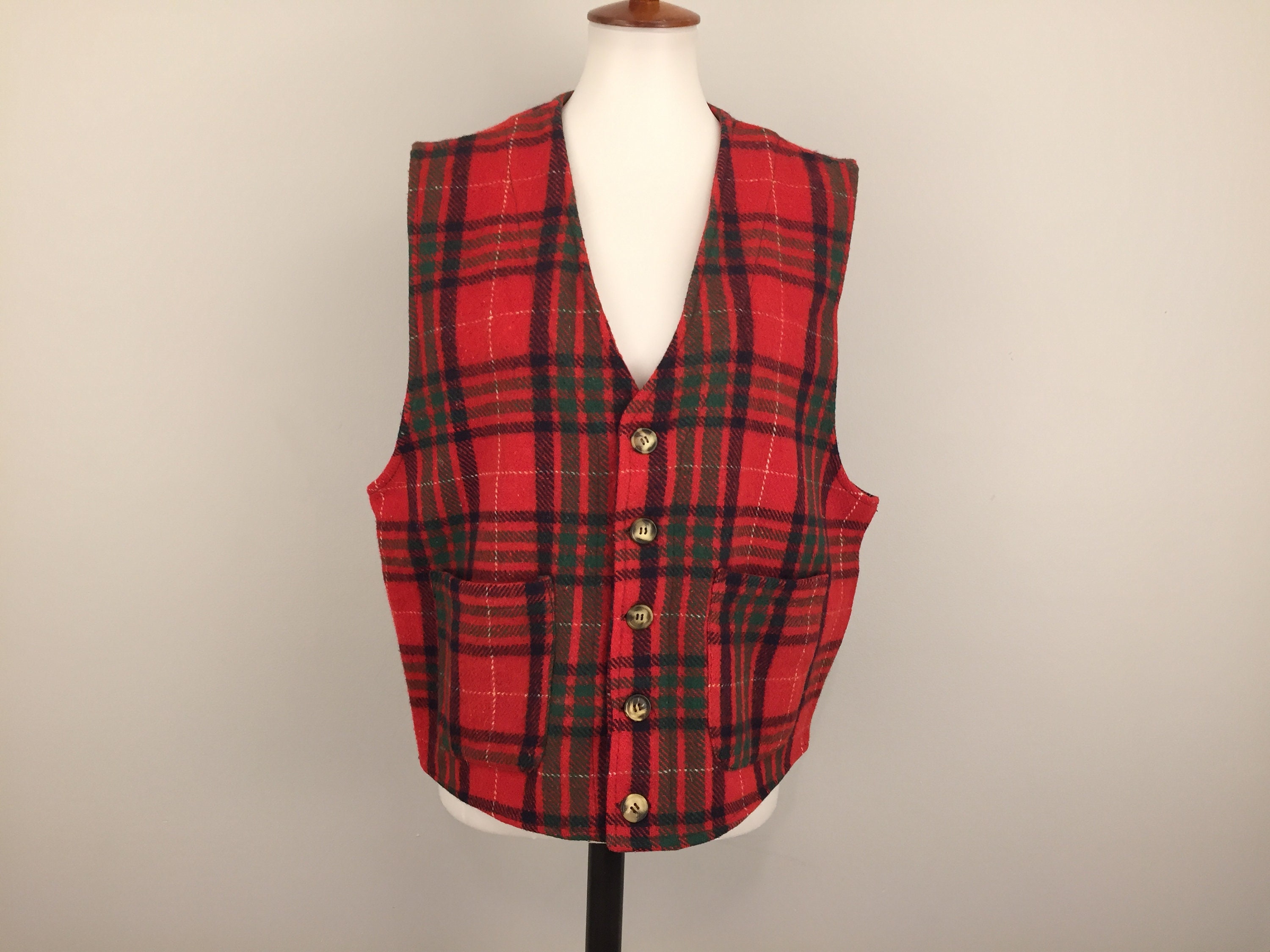 Vintage Red Green Plaid Wool Blend Vest American Eagle Christmas Holiday Alpine Ski Lodge 90S Clothing Women Large