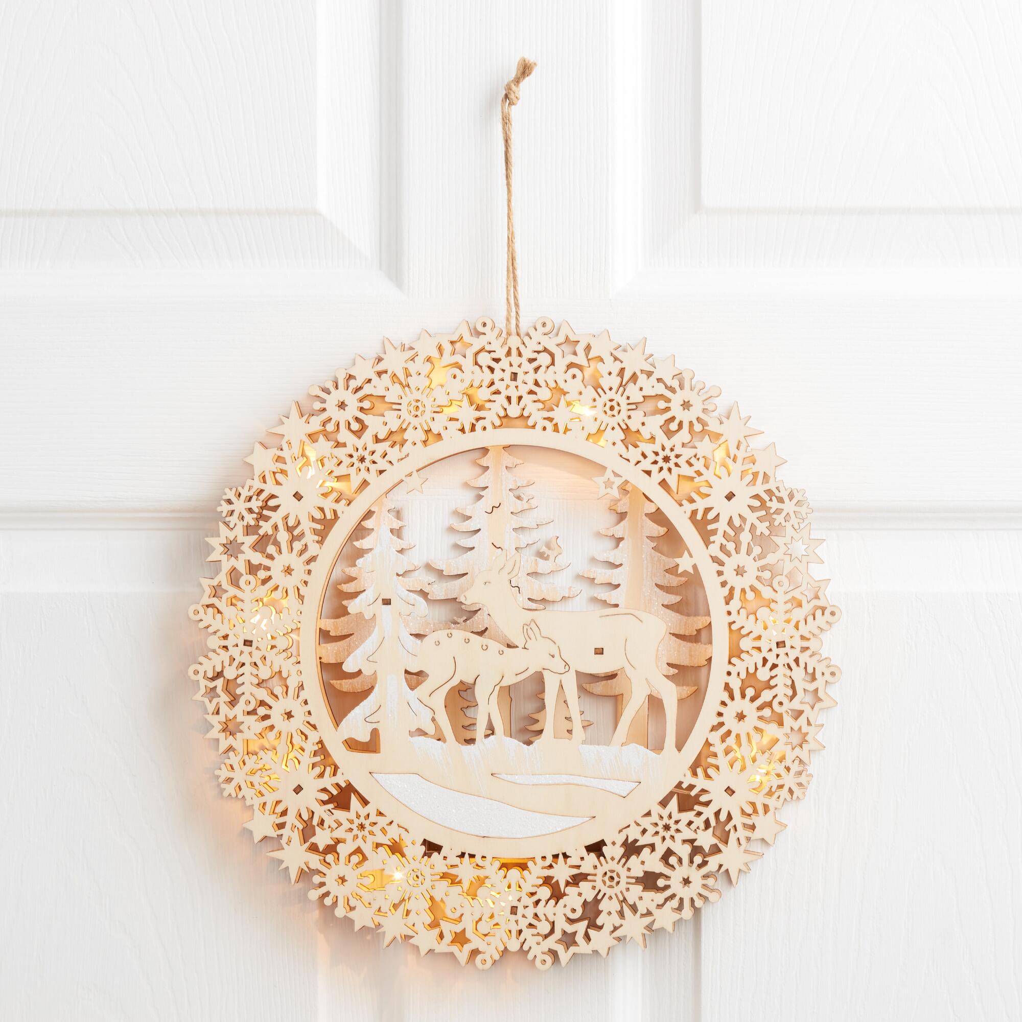 Round Woodcut Winter Scene LED Light Up Hanging Decor: Natural by World Market