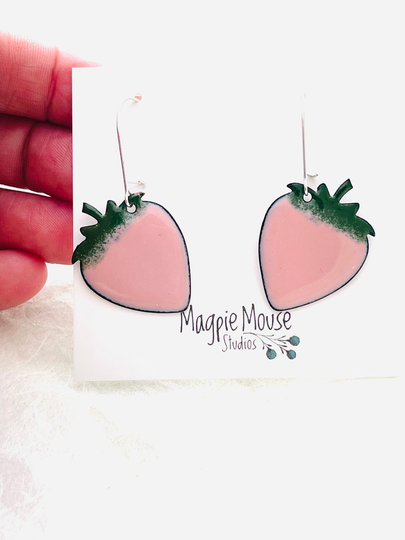strawberry Earrings, Pink Enamel Cute Dangle Gift For Her, Womens Fruit