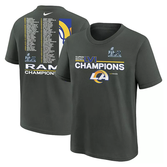 Youth Nike Anthracite Los Angeles Rams Super Bowl LVI Champions Roster T-Shirt, Boy's, Size: YTH Medium, Grey