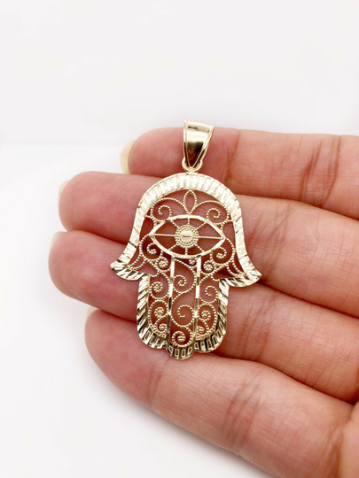 10K Yellow Gold Khamsa Hamsa Hand Lucky Jewish Filigree Pendant 1.5" 3.7 Grams