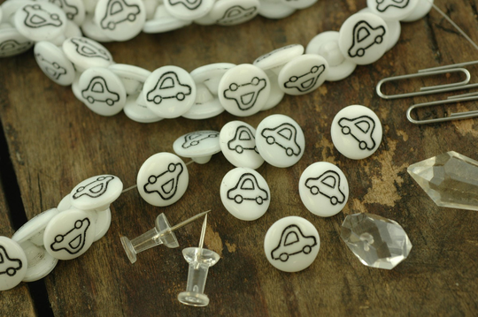 Back To School Carpool/White, Black Car Vintage Czech Glass Buttons, Beads 13.5mm 24 Buttons, 6"/ Craft, Sewing, Jewelry Making Supplies