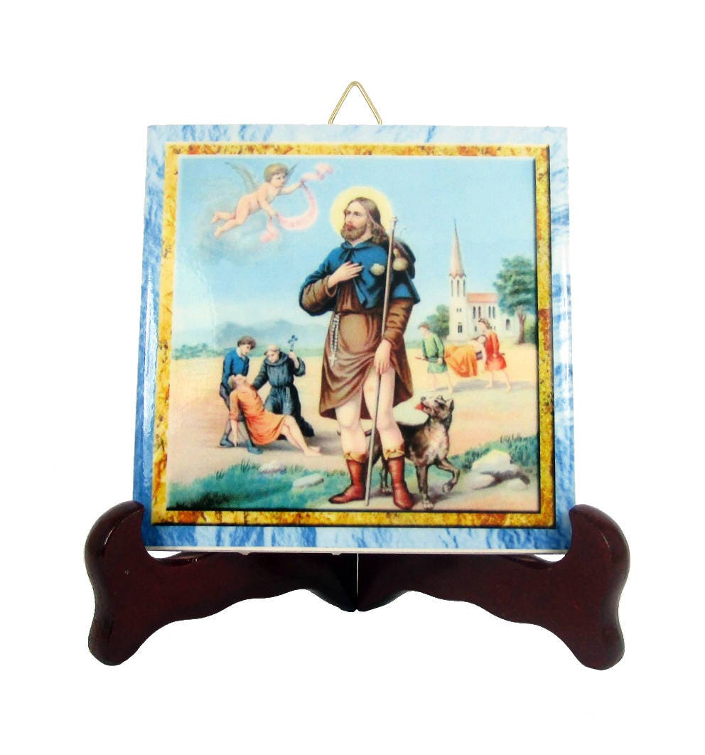 Saint Roch Of Montpellier - Icon On Ceramic Tile Catholic Saints Serie Handmade St Saint Patron