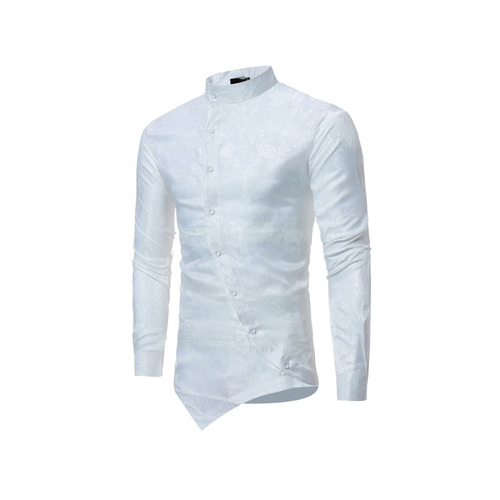 Men's Shirt Long Sleeves Printed Turtleneck Cotton Blended With Dark PatternAsymmertric Length Hip Hop Causual Homme Clothing - white, xxl