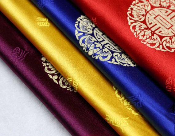 Multicolors 29.5 Width Chinese Tranditional Smooth Luck & Longlife Pattern Red Purple Blue Yellow Tapestry Satin Brocade By Yard