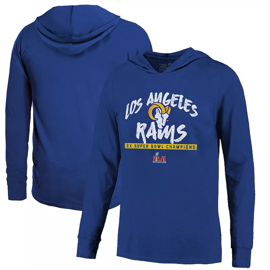 Men's Majestic Threads Royal Los Angeles Rams 2-Time Super Bowl Champions Softhand Long Sleeve Hoodie T-Shirt, Size: Small, Blue