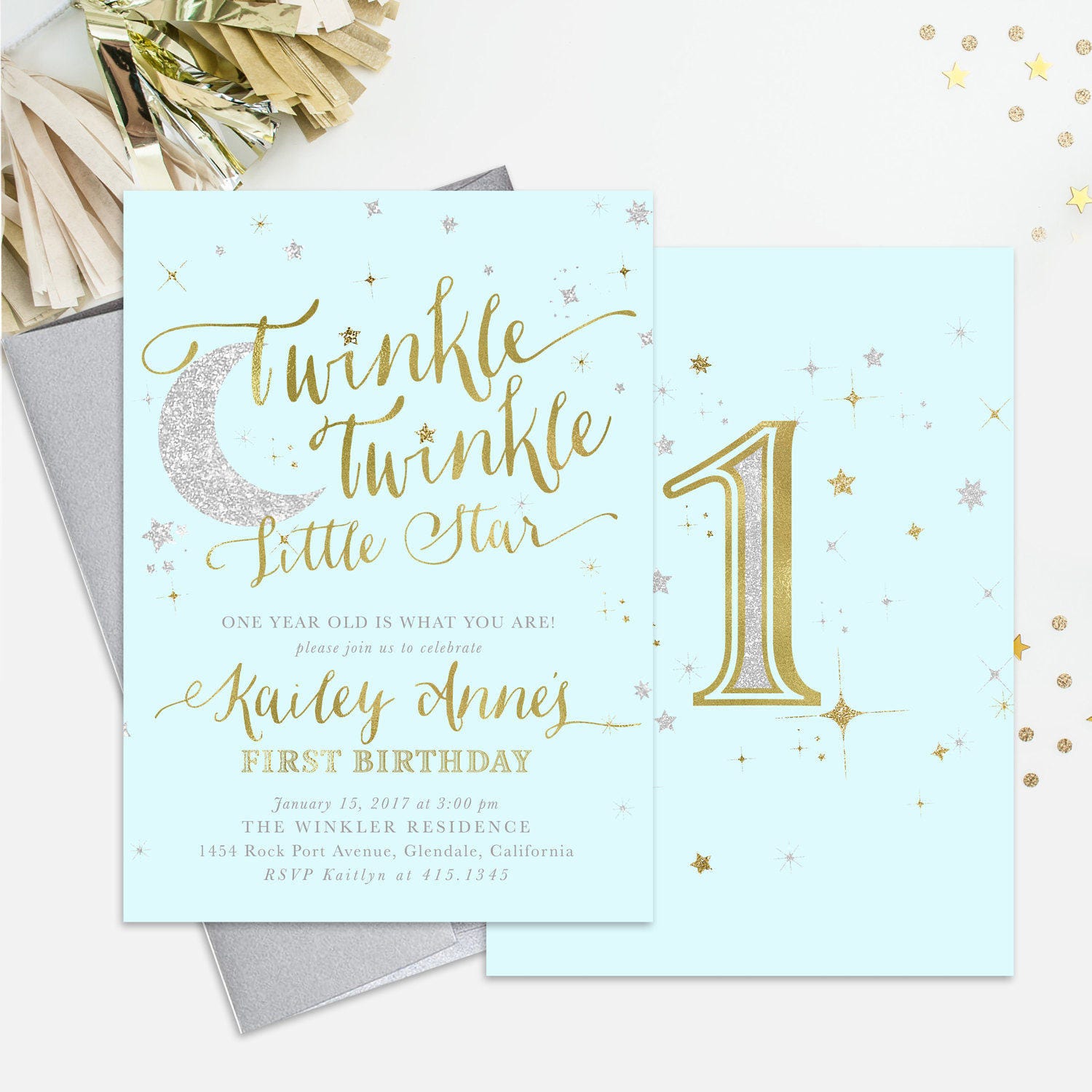 Twinkle Little Star Birthday Invitation 1St, 2nd Any Age Boy. Blue, Gold & Silver Shimmer - First Party Invite