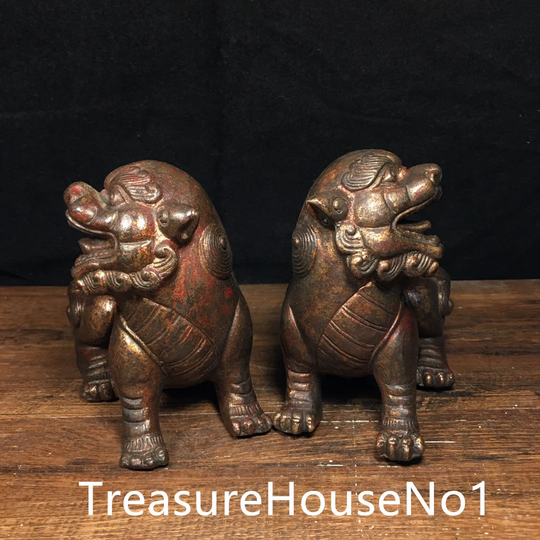 Pair Of Chinese Antique Pure Hand-Carved Copper Lion Statues