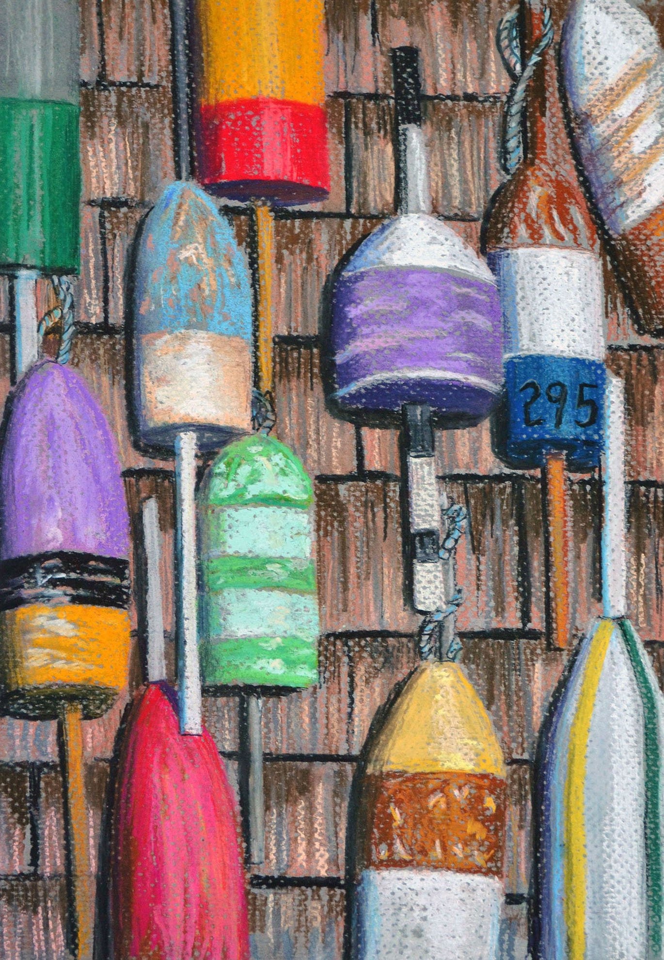 Buoys, Rock Harbor Cape Cod - Art Print Of An Original Pastel Drawing By Bix Debaise
