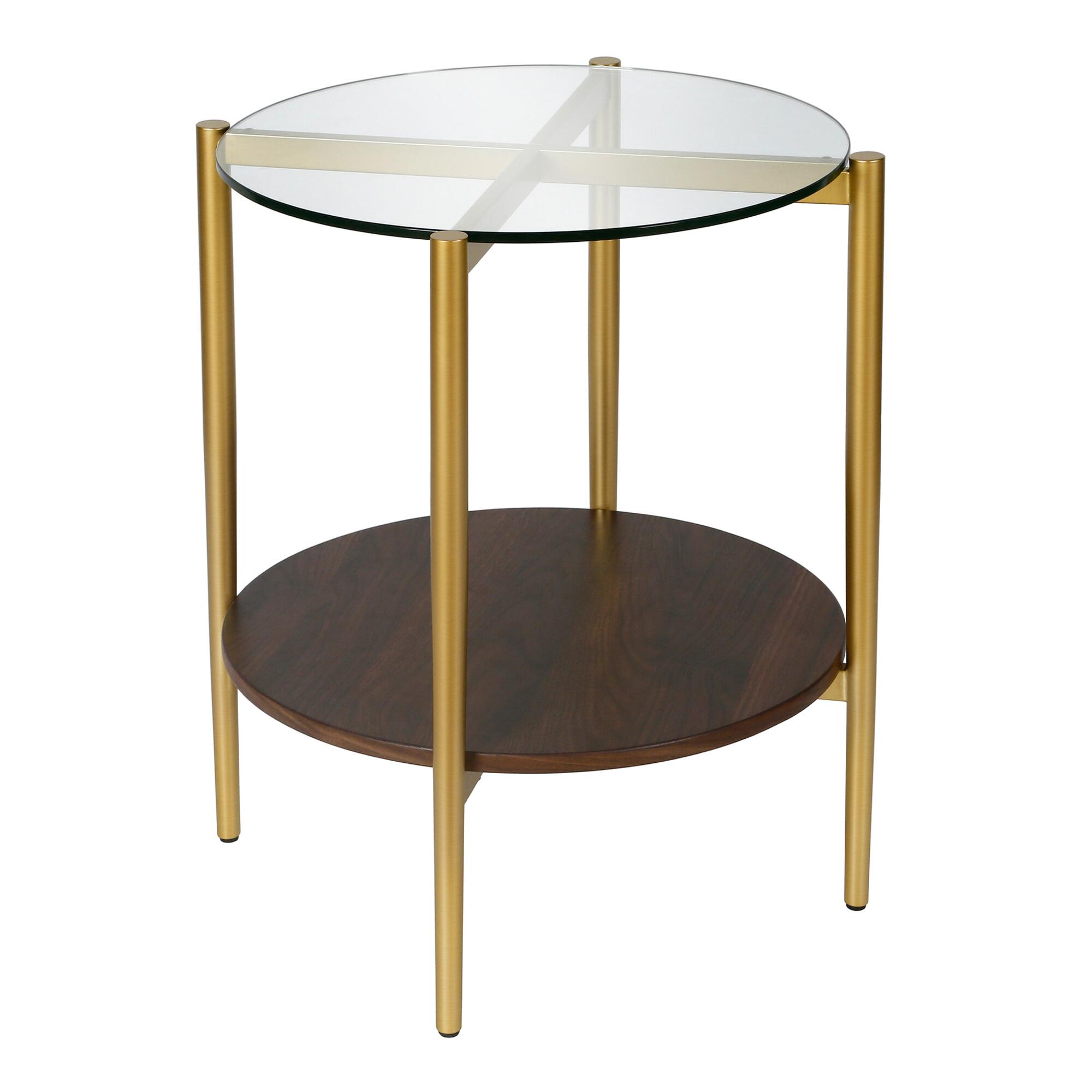Round Gold Metal and Walnut Glass Top Mae Accent Table by World Market