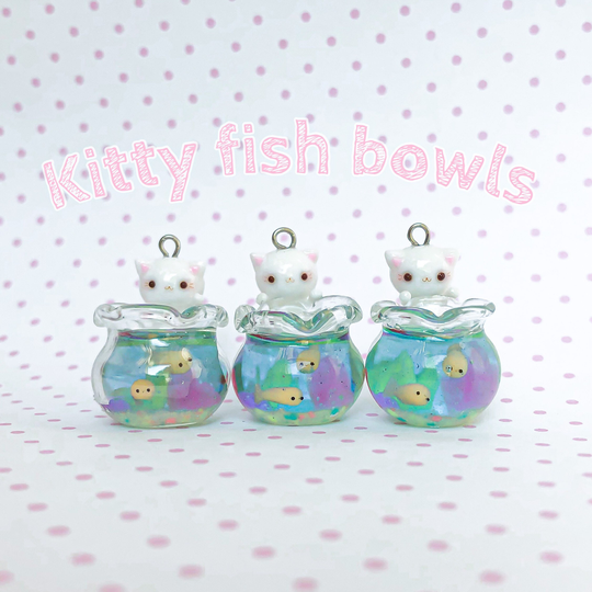 Kitty Cat Fish Bowl | Glass Polymer Clay | Charm | Glow in The Dark