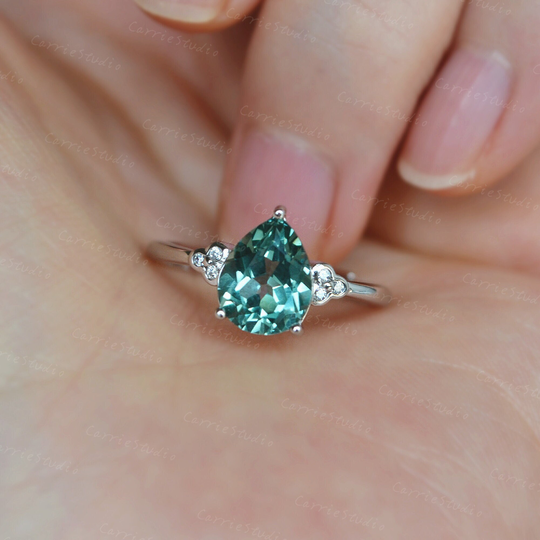 Silver Green Sapphire Ring/79mm Pear Engagement Ring/Pear Anniversary Ring Gift For Her