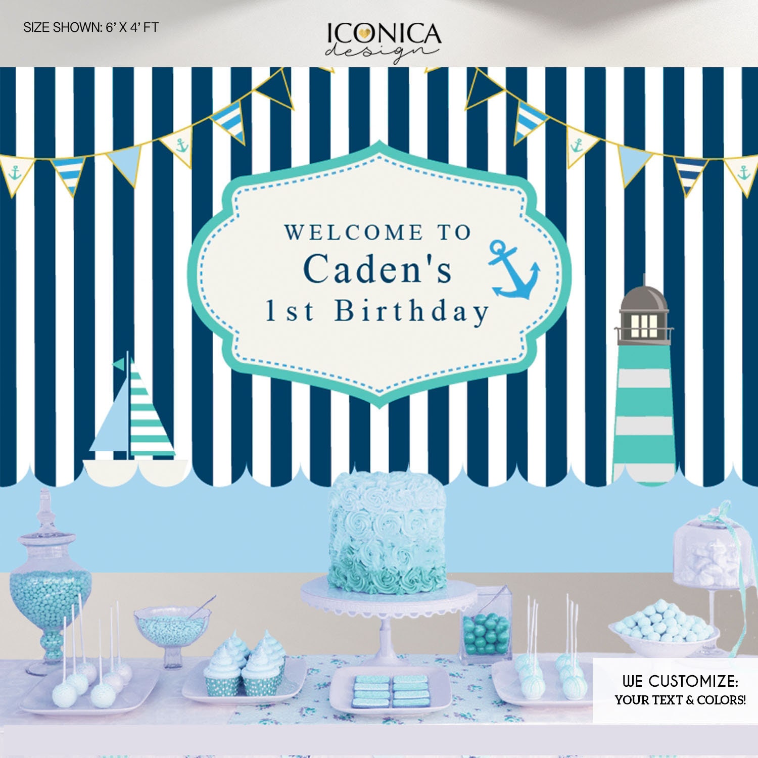Nautical First Birthday Party Backdrop Any Age Any Colors Blue & Mint Banner Little Sailor, Printed Or Printable File Free Shipping Bbd0115