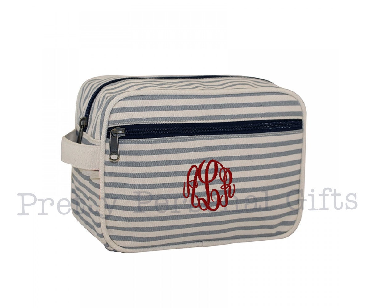 Gray Striped Toiletry Case - Bag With Monogram, Monogrammed Case, Monogram Makeup Dopp Kit, Travel Case