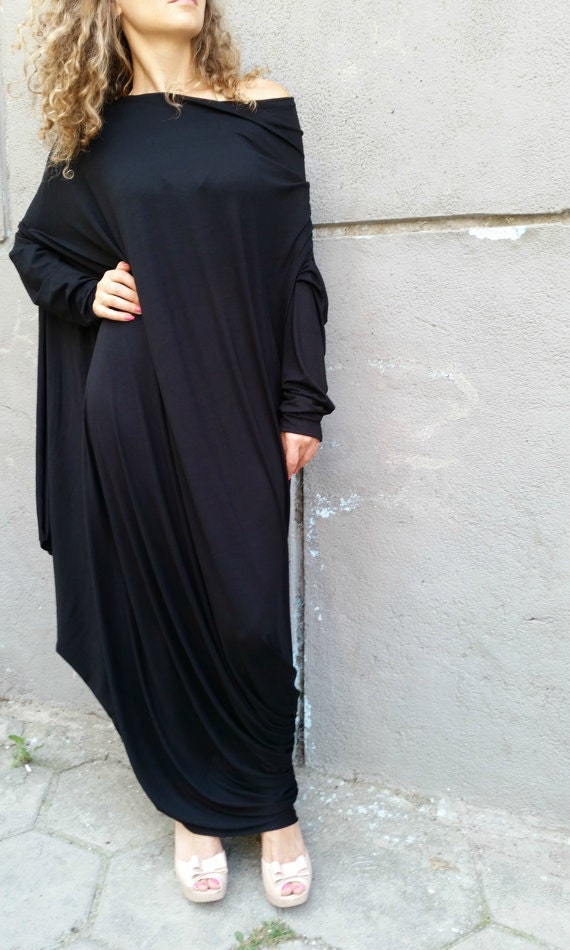 Black Oversize Maxi Dress/Asymmetrical Loose Long Sleeve Kaftan Women Fashion Express Shipping - Etcetera"