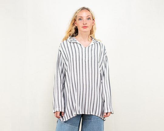 Hooded Striped Shirt Women Pullover Long Sleeve White & Black Stripes Shirt Cotton Blend Hoodie Ethnic Traditional Size Extra Large