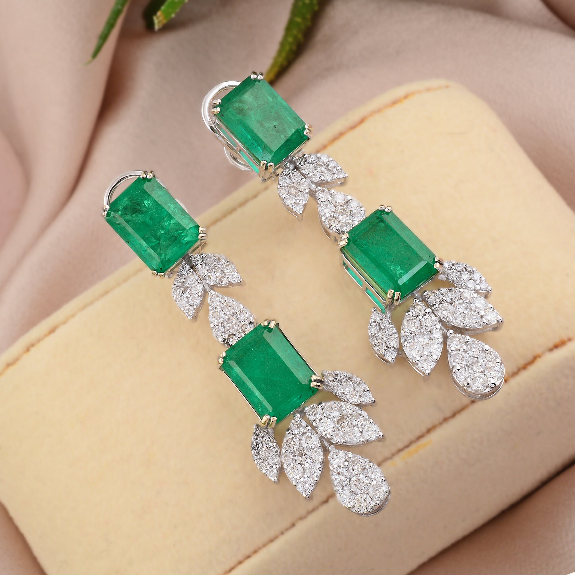 14K Fine Emerald Earrings For Women, Natural & Diamond Dangle Earrings, Cut Christmas Friendship Gift