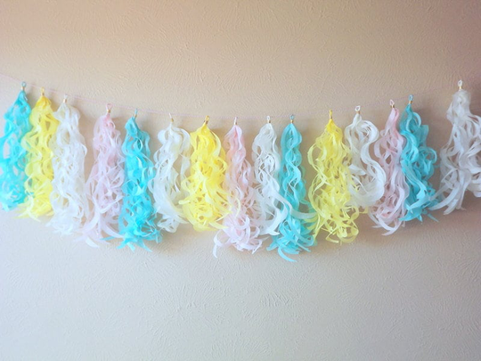 Tissue Tassels, Spring Party, Easter Party Garland, Pastel Curly Tassels