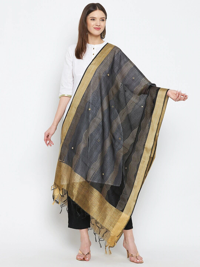 Women's Silk Blend Black & Beige Striped Dupatta With Beads & Stones Free Shipping