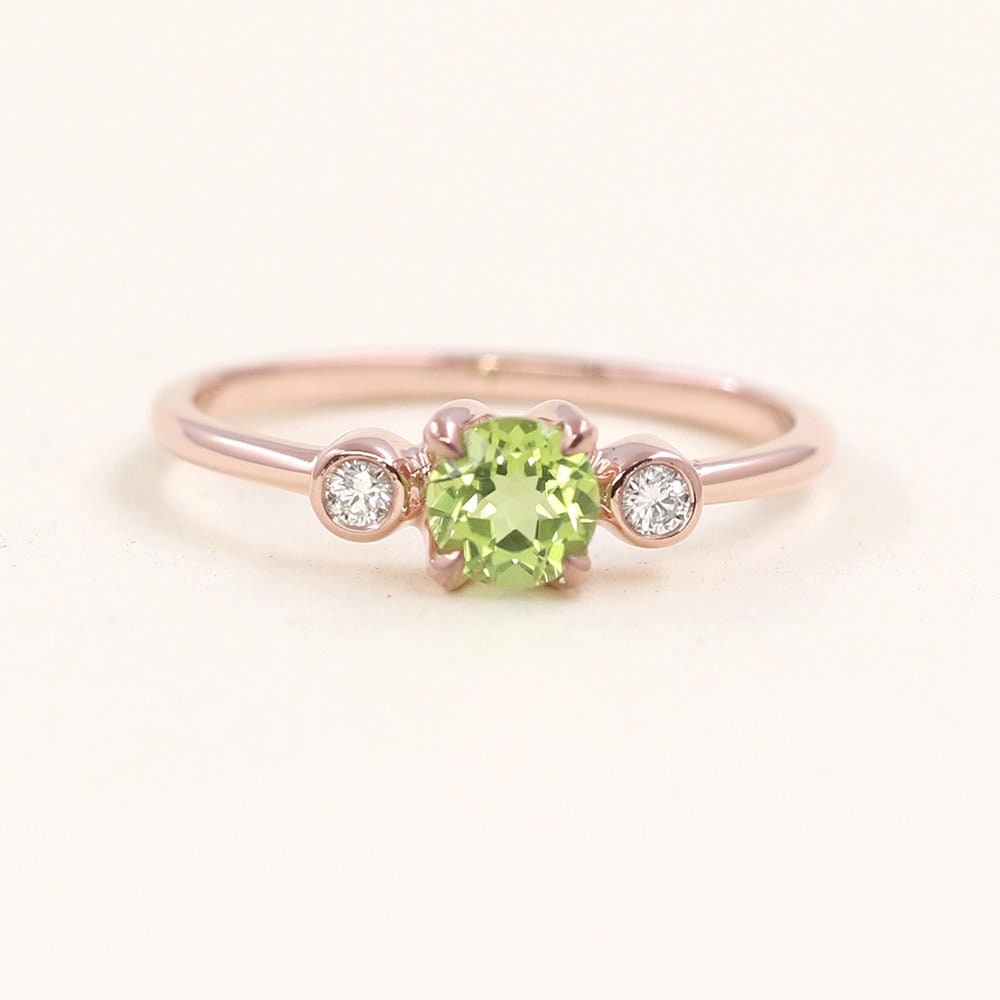 August Birthstone Ring, Diamond Engagement Dainty Peridot Bezel Set Wedding Band For Women