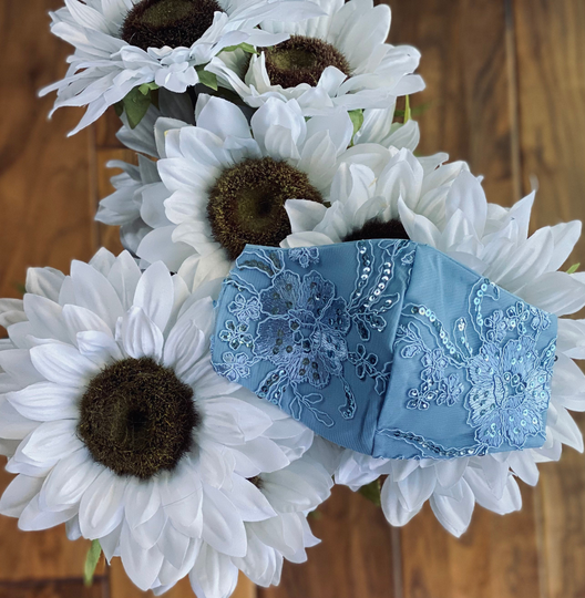 Baby Blue Flowers Sequins Lace & 3 Layers Of Fabric Backing