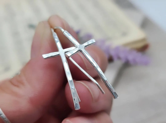 sterling Silver Hammered Cross Earrings/Threader Arc
